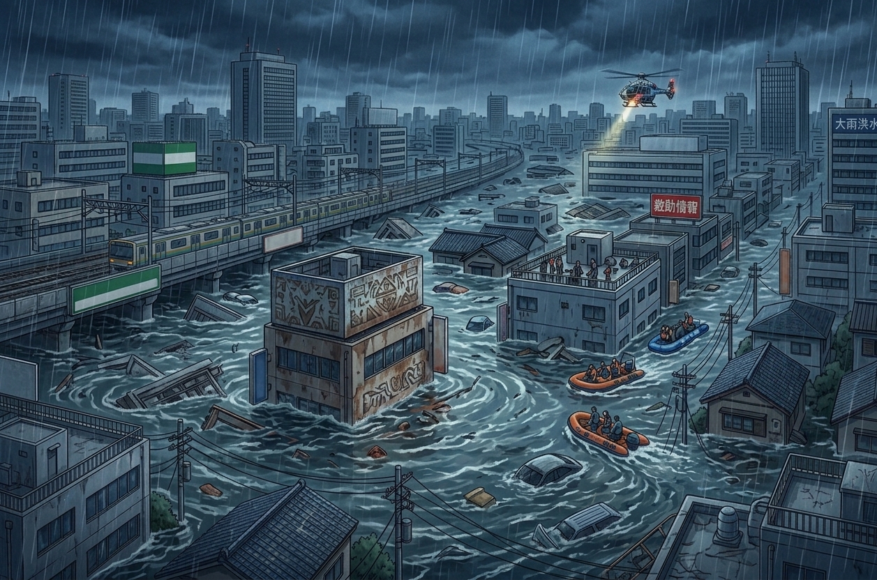 福井県丸岡地区の記録的大雨による冠水をイメージした画像