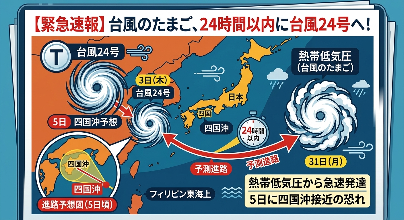 台風のたまごが台風24号に発達する見込みを示すイメージ画像