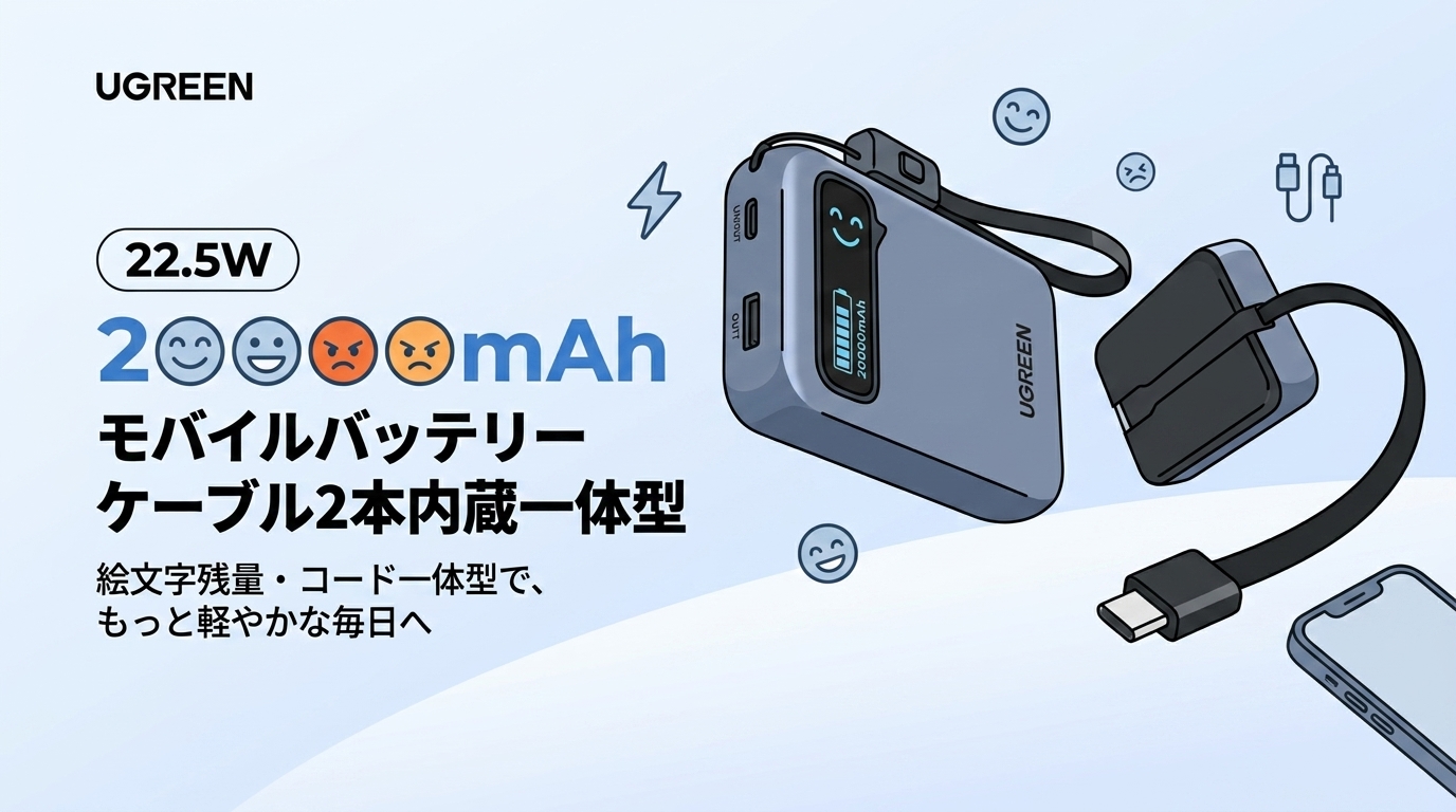 UGREEN 20000mAh 充電コード2本内蔵一体型モバイルバッテリー