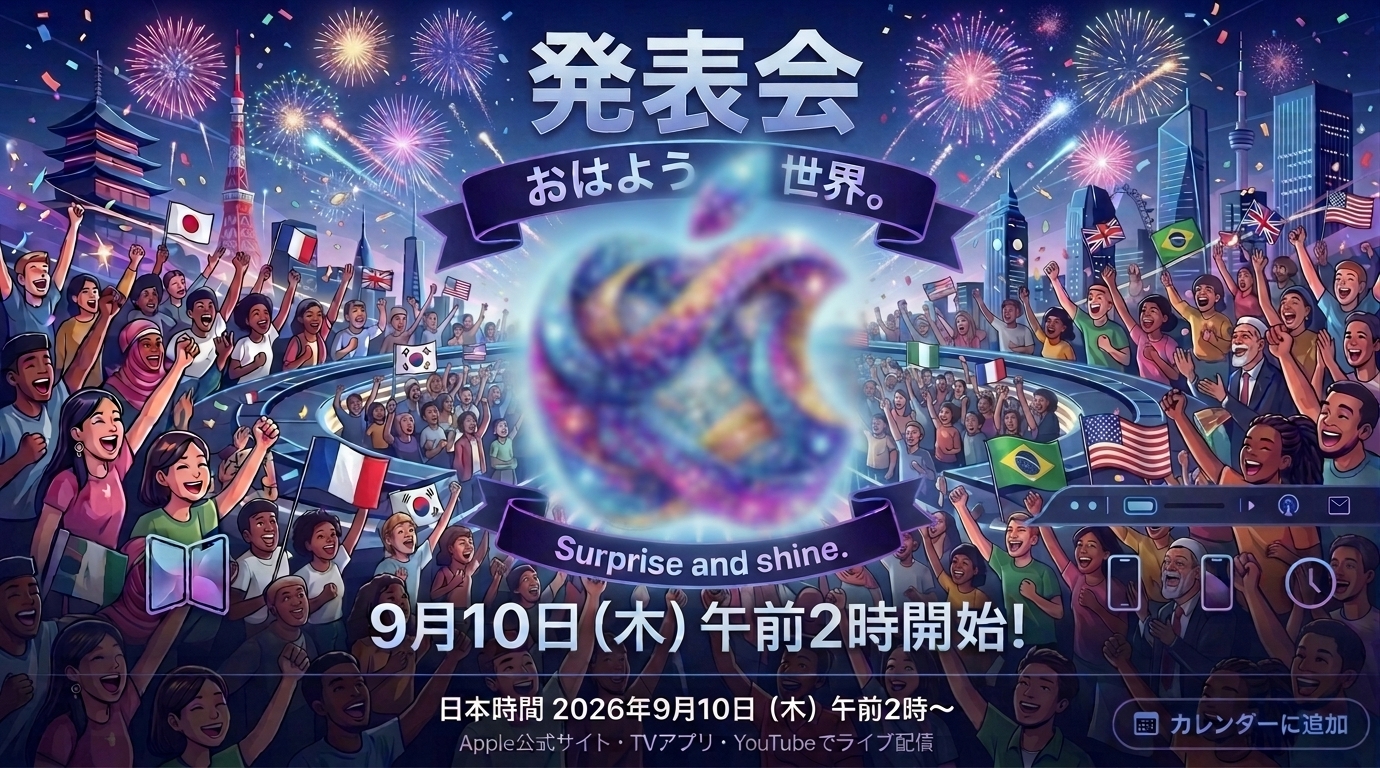 Apple発表会「Surprise and shine.」9月10日午前2時開始を祝うイラスト