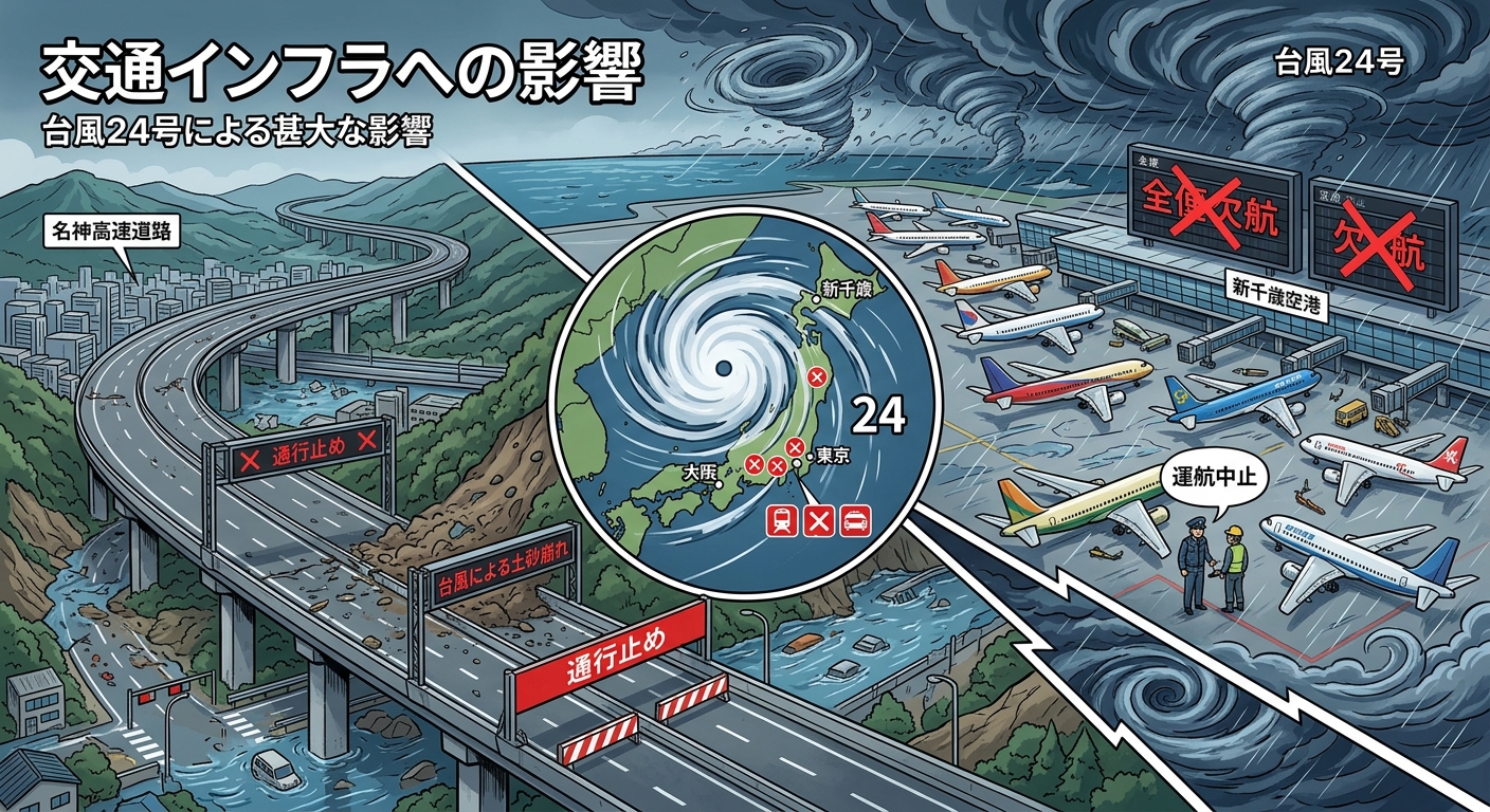 台風24号による高速道路・航空便への影響を示すイメージ画像
