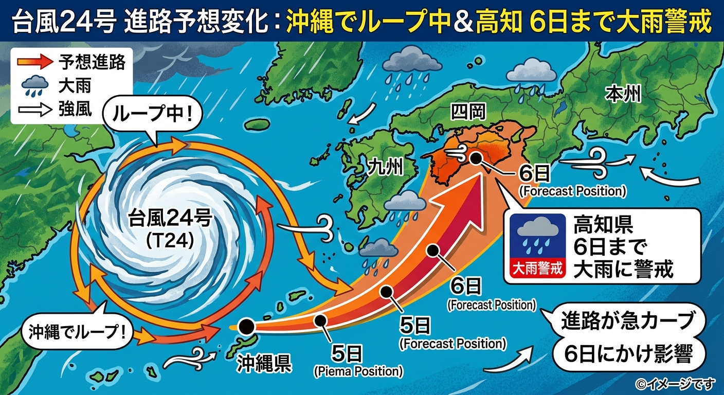 台風24号が沖縄付近でループする進路をイメージした画像