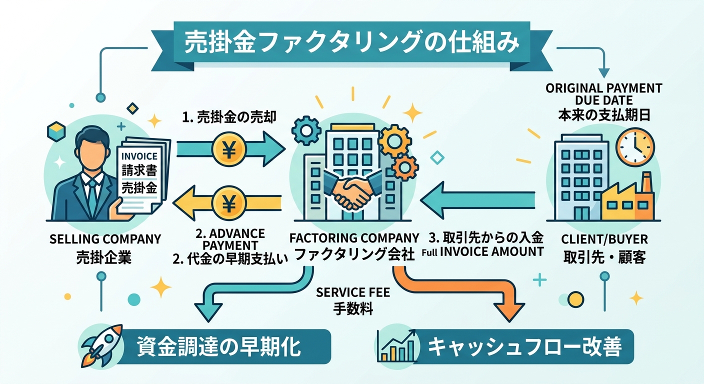 売掛金ファクタリングの仕組みを解説する図解(売掛企業・ファクタリング会社・取引先の資金の流れ)
