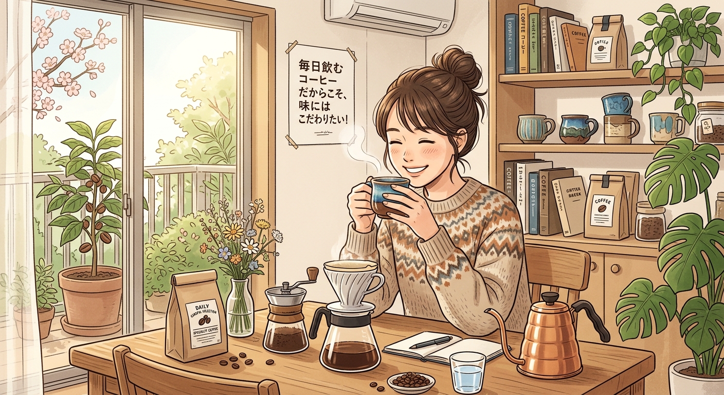 自宅でハンドドリップコーヒーを淹れて楽しむ女性のイラスト(ラボカフェ)