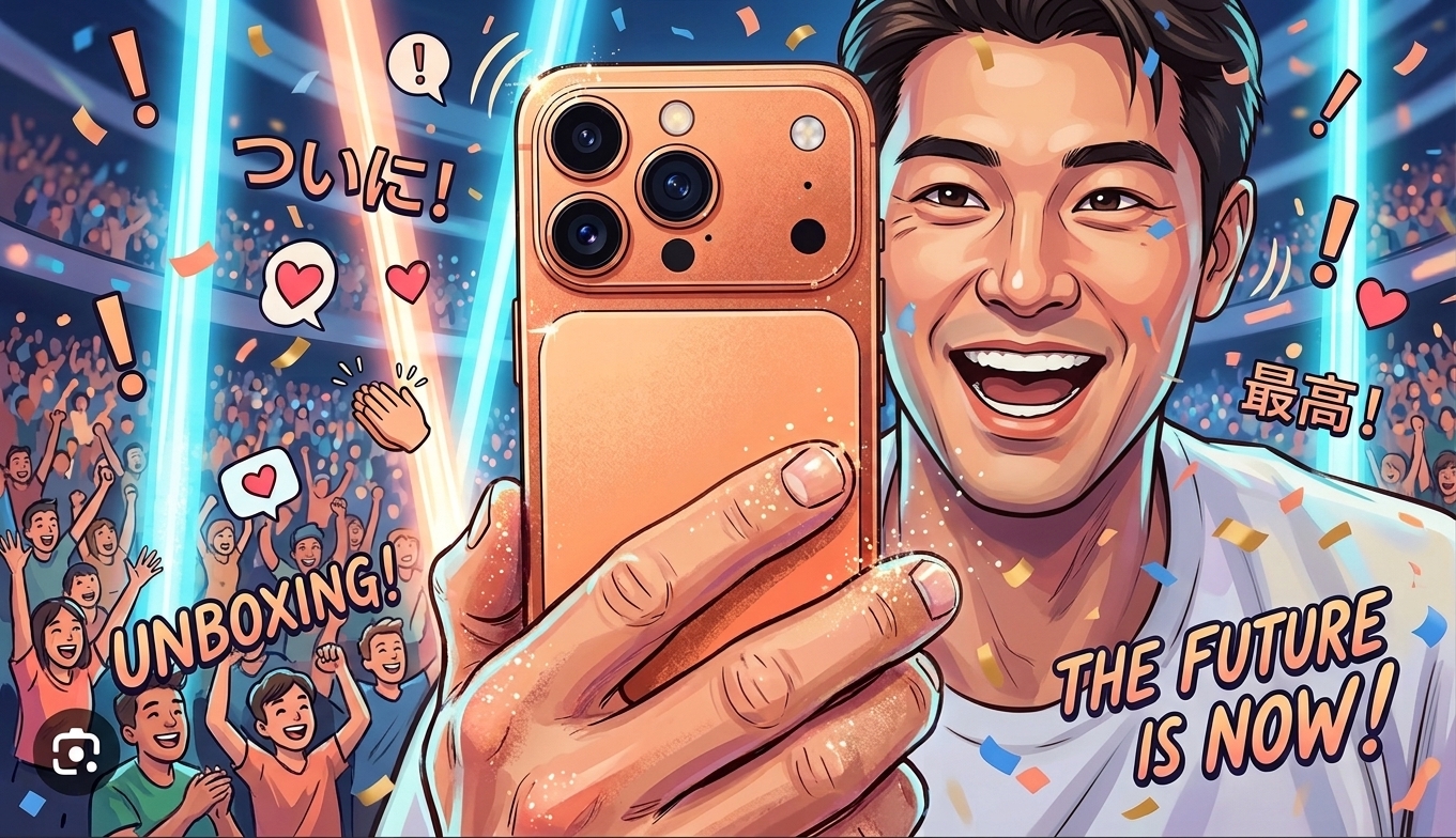 iPhone 17 Proを開封して喜ぶ男性のイラスト